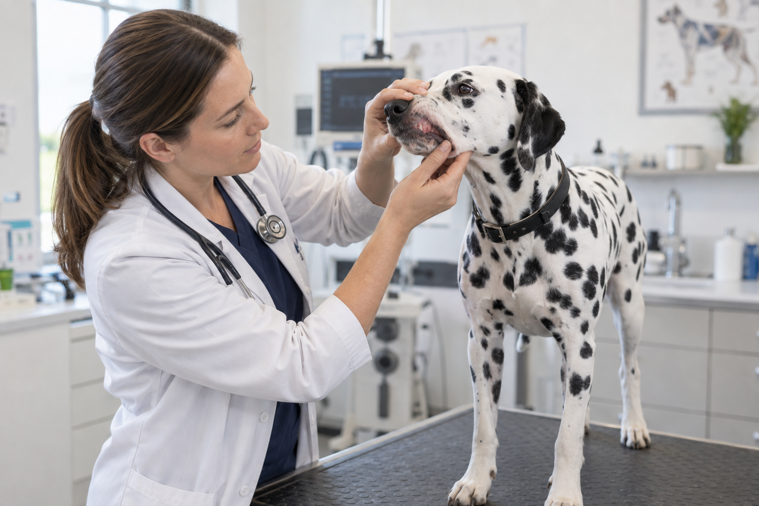 Veterinárka vyšetruje dalmatína po možnom požití toxickej látky